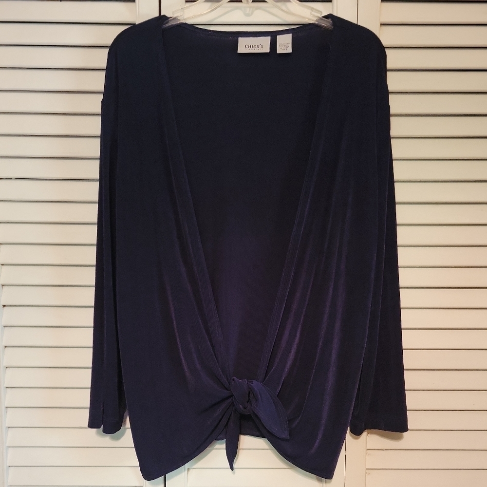𝅺Chico's Travelers Tie Waist Hem Long Sleeve Slinky Cardigan Sz 3.